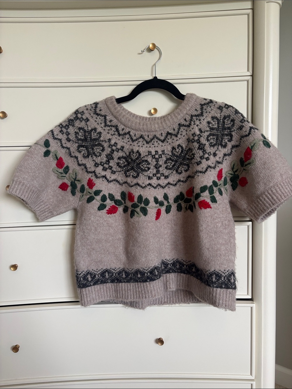 Zara Fair Isle Knit Sweater with Red & Green Floral Embroidery